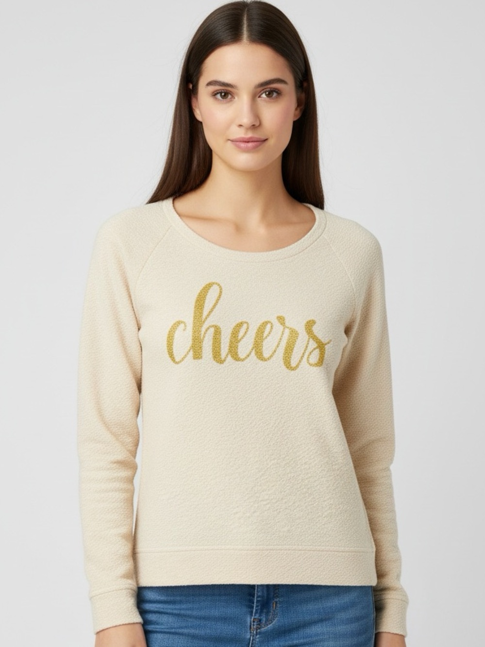 Maurices Cream Textured Sweater with Gold Cheers Design